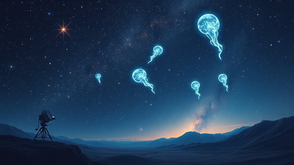 An illustration of stars in the night sky with ghost particles showering down on Earth, with a subtle background of astronomical instruments and scientists observing the phenomenon