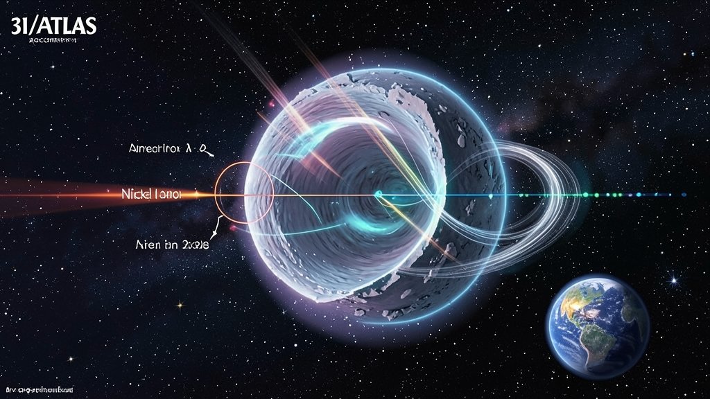 A conceptual illustration of the 3I/ATLAS exocomet with its post-perihelion spectrum, including a representation of the nickel anomaly and the solar wind interacting with the comet's alien ice, set against a starry night sky with the Earth and Sun in the distance.