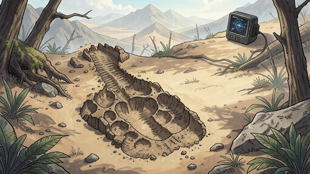 A detailed illustration of a dinosaur footprint with an AI-powered tracking device in the background, set amidst a prehistoric landscape.