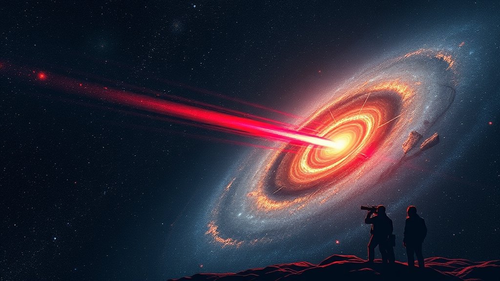 A dramatic illustration of a star in the Andromeda galaxy suddenly disappearing, leaving behind a mysterious red glow, with astronomers in the background looking puzzled and intrigued.