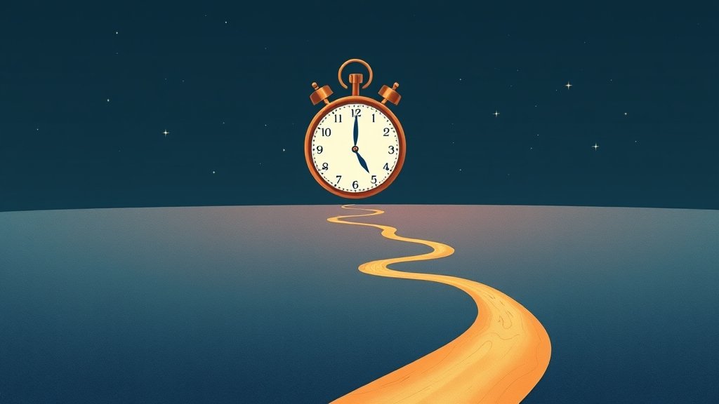 An illustration of a human clock with a long, winding path that stretches into the distance, symbolizing the potential for extended human lifespan