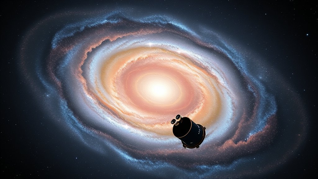 A high-resolution image of the Circinus Galaxy with the Webb Space Telescope in the background, showcasing the telescope's advanced technology and the galaxy's stunning beauty.