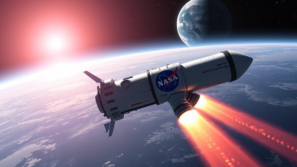 An illustration of a NASA spacecraft powered by Northrop Grumman boosters, with the Moon in the background and the Earth in the distance, highlighting the excitement and complexity of space exploration.