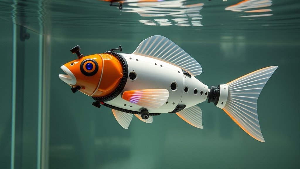 A robotic fish swimming in a water tank with sensors and cameras capturing its movement and wave patterns