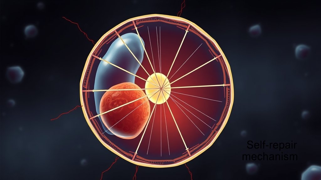 An illustration of a cell undergoing division, with a spindle apparatus visible, highlighting the self-repair mechanism
