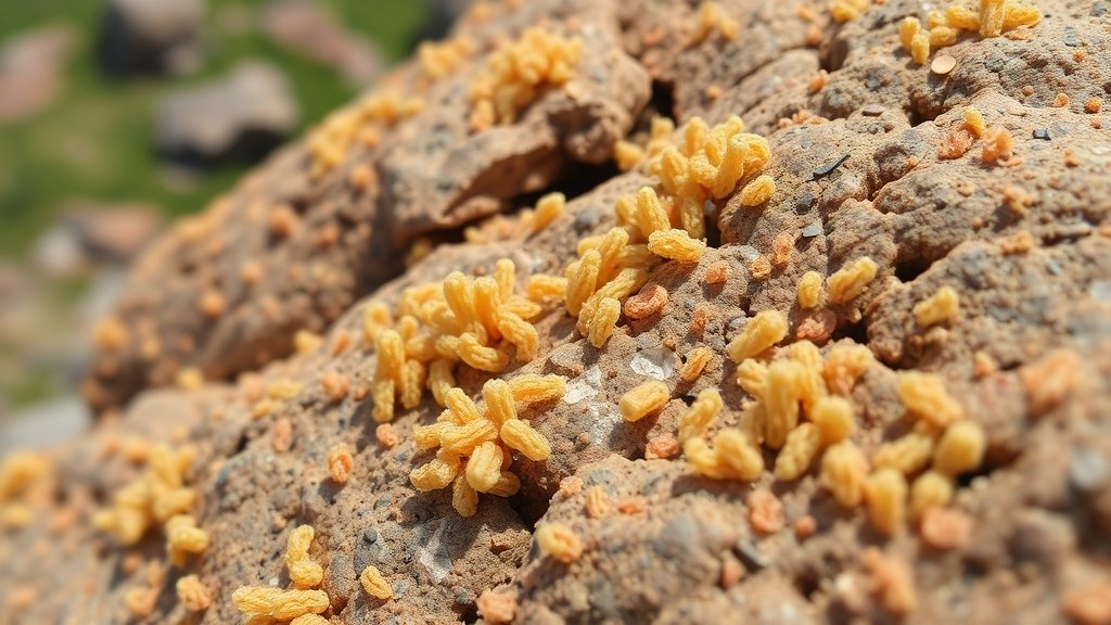 A microscopic image of microbes on a rock surface, with a background of a natural landscape, highlighting the interaction between microbes and rocks in absorbing carbon dioxide.