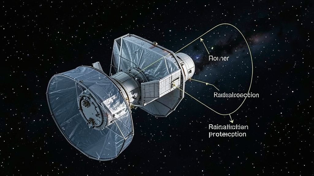 An image of a spacecraft with a shield or protective layer to illustrate the concept of radiation protection in space