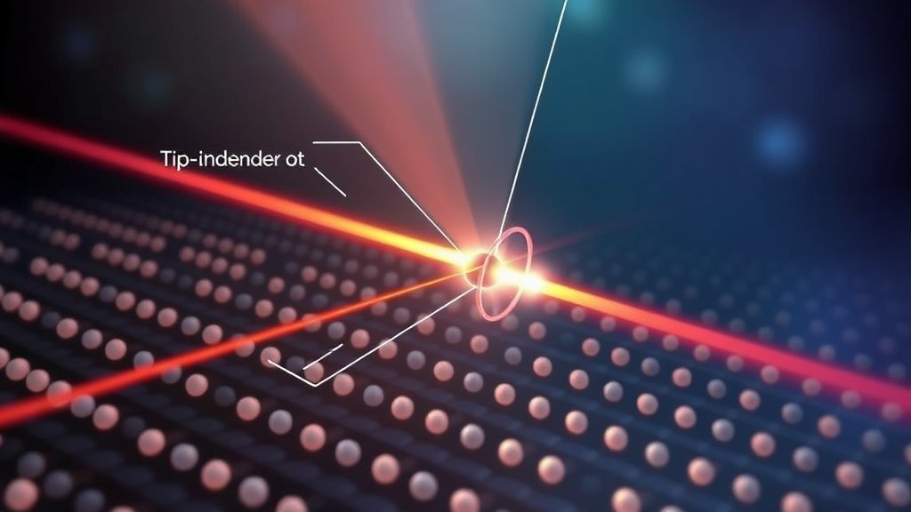 An illustration of a plasmonic nanocavity with a tip-enhanced long-range dipole-dipole interaction, showcasing the concept of enhanced light-matter interaction at the nanoscale.