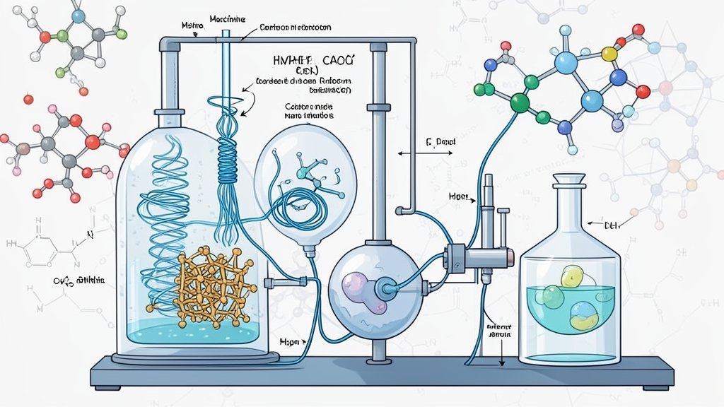 An illustration of a laboratory setup where methane is being converted into carbon nanotubes and hydrogen, with a background of molecular structures and chemical reactions.