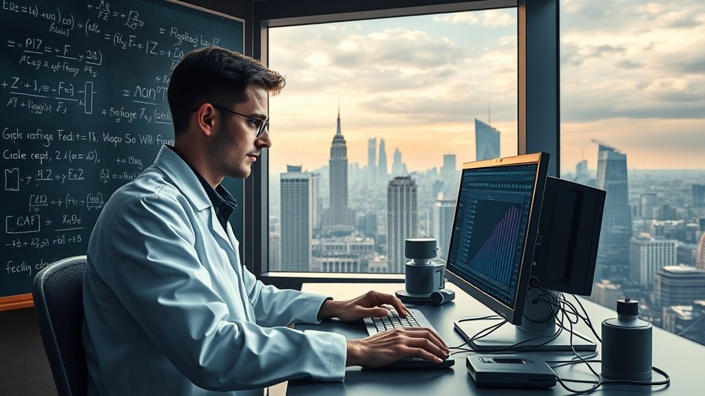 A visual representation of a scientist working on a quantum computer, with complex formulas and equations on a blackboard in the background, and a futuristic cityscape outside the window.