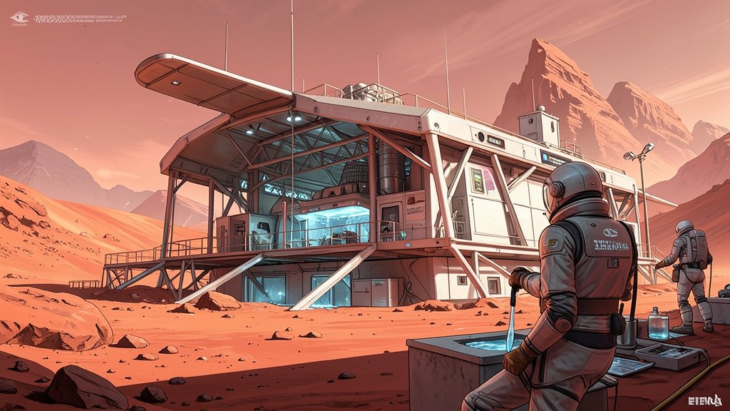 A futuristic illustration of a Mars base with a water harvesting system, with astronauts in the background conducting research and collecting water samples