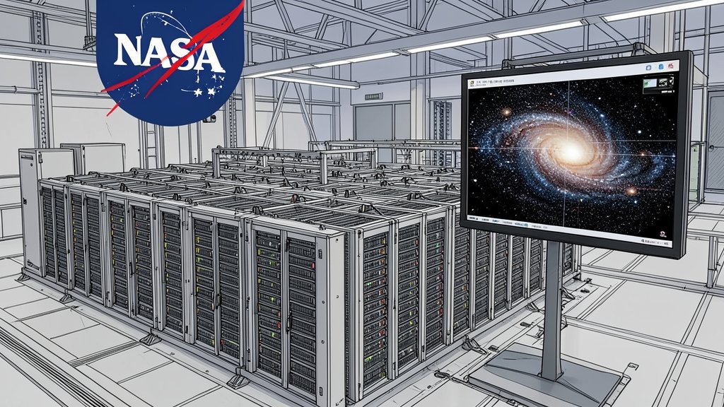 A detailed illustration of a massive supercomputer system with rows of servers and a large screen display showing a visual representation of complex space data, with a NASA logo prominently featured in the background.