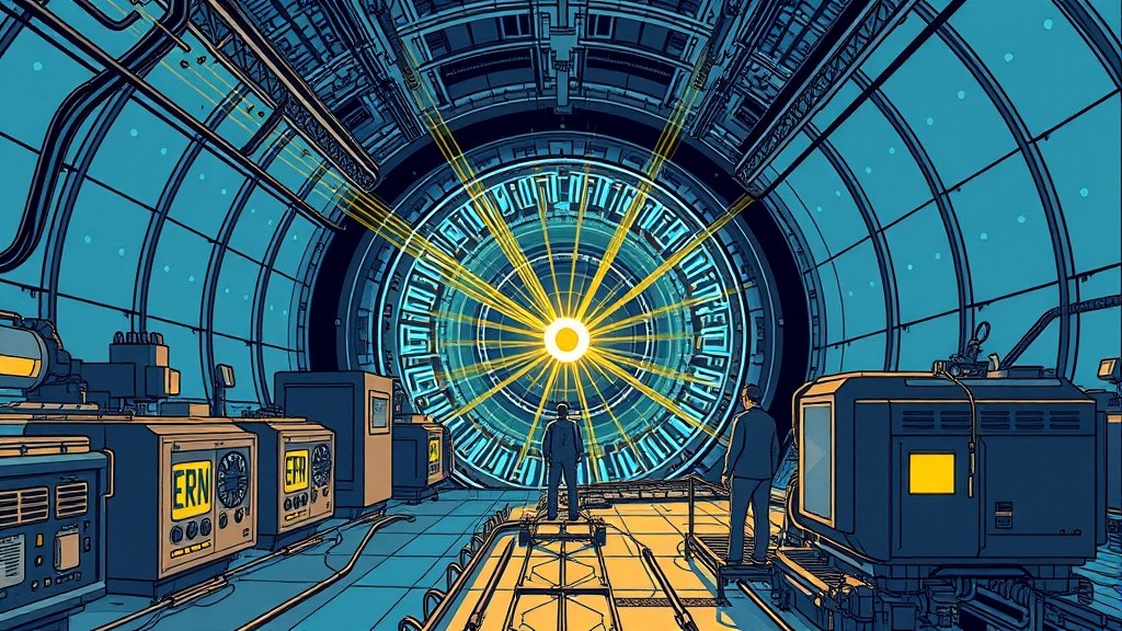A detailed illustration of the CERN research facility with a cosmic ray detector in the background, showing a fragile nucleus being tracked by scientists.