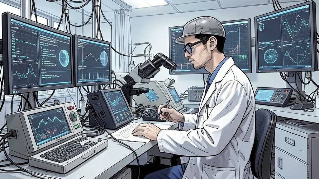 A detailed illustration of a scientist working in a laboratory with AI-powered equipment, surrounded by screens displaying data and research findings.