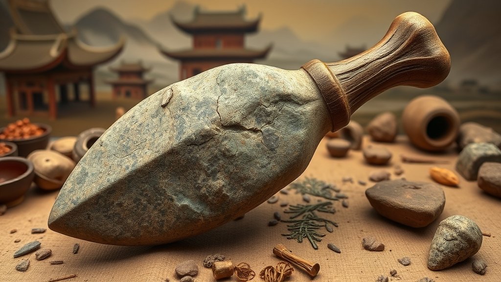 A detailed image of a 160,000-year-old stone tool with a wooden handle, discovered in China, with a background of ancient Chinese landscape and artifacts.