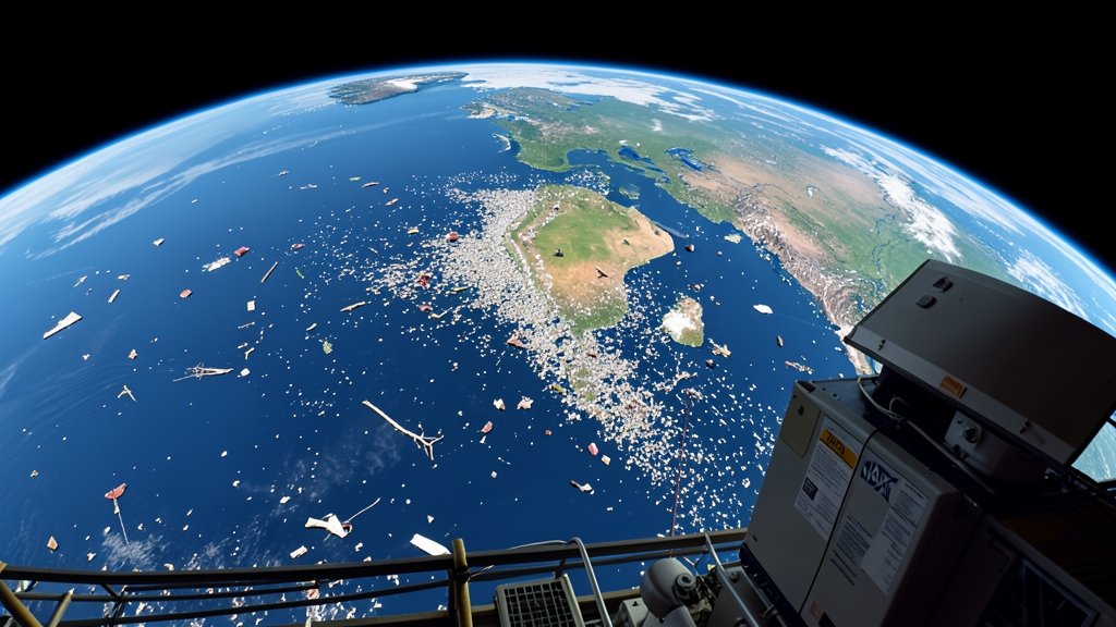 A high-resolution image of the Earth from space with a focus on the ocean and the debris floating in it, with a NASA satellite or sensor in the foreground.