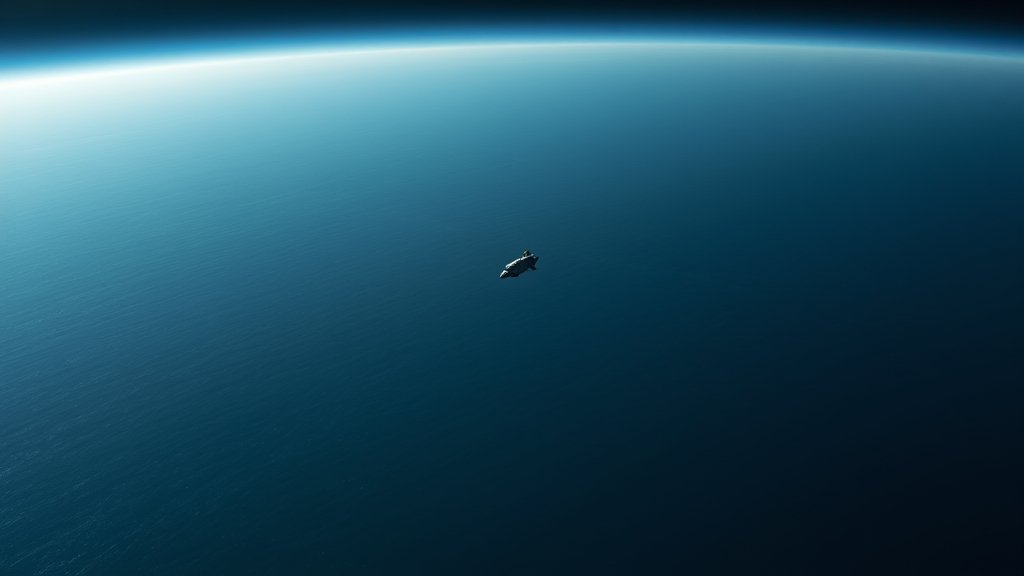 A serene and isolated oceanic landscape with a spacecraft or satellite reentering the Earth's atmosphere in the distance, with a subtle hint of the curvature of the Earth.