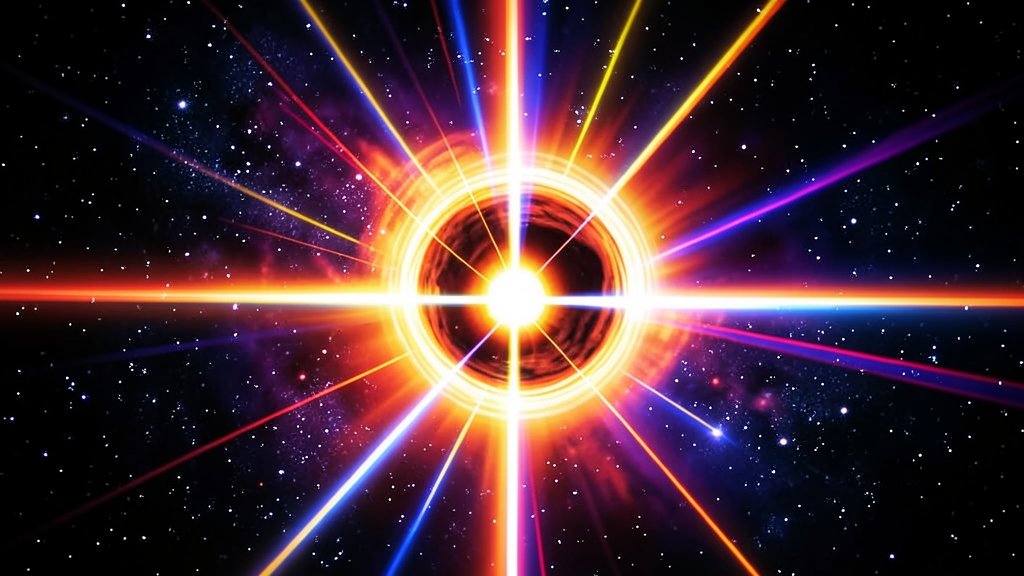 A dramatic illustration of a black hole eruption, with bright colors and intense energy beams radiating from its center, set against a dark and starry galaxy background.