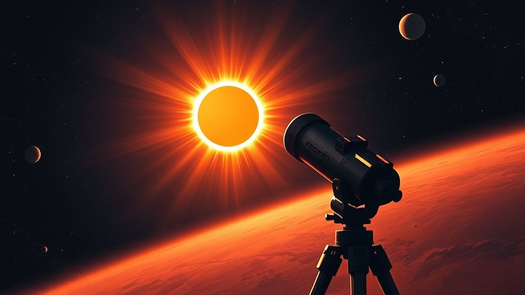 An illustration of a spacecraft eclipsing the sun, with a telescope in the foreground, capturing a rare solar eruption, set against a dark space background with stars and planets.