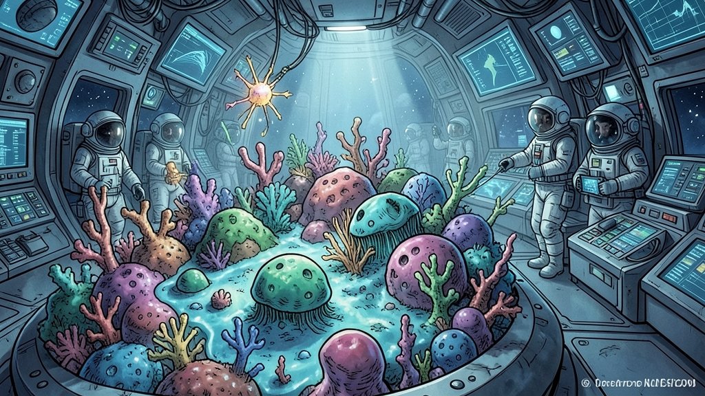 An illustration of a microbial community thriving in a space station, with astronauts in the background, highlighting the importance of understanding biofilms for long-duration spaceflight.