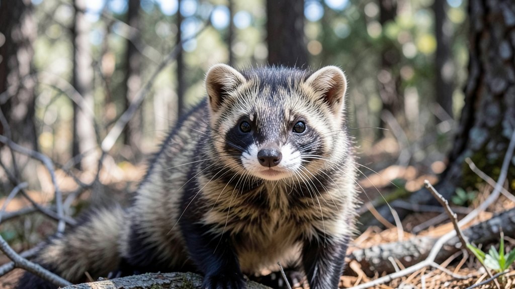 A camera trap photo of a ferret-sized marten in a remote California forest, with a blurred background of trees and underbrush, highlighting the animal's distinctive fur and sharp features.
