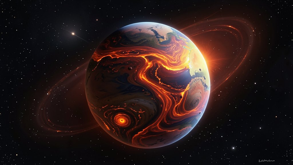 An artist's impression of a super-Earth exoplanet with a magma ocean and a strong magnetic field, with a distant star in the background.