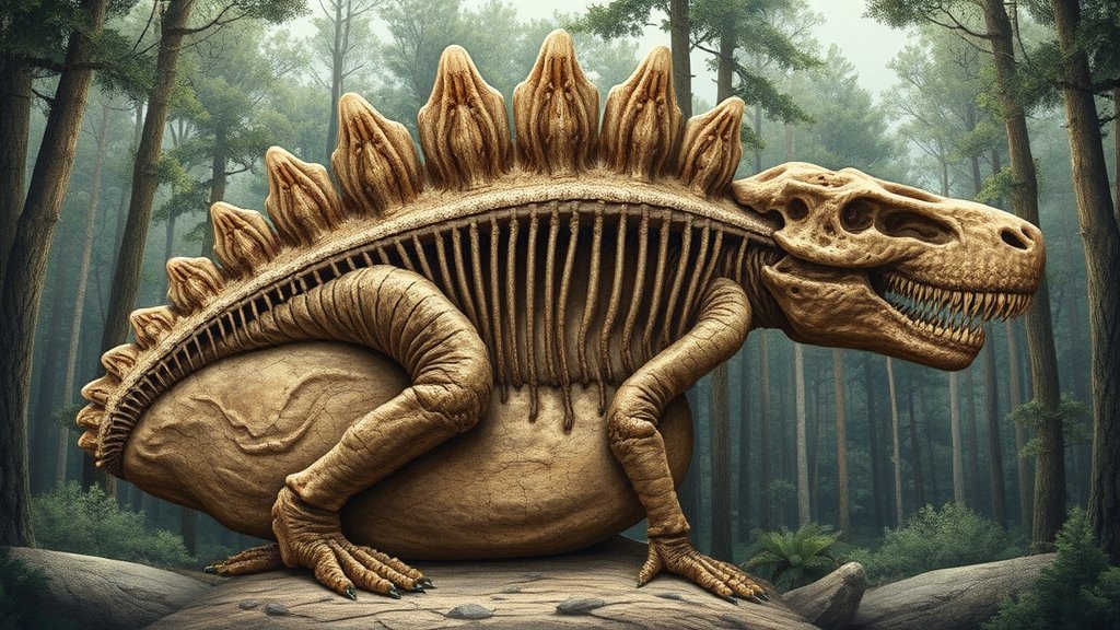 A detailed illustration of the Prototaxites fossil, with a background of an ancient forest, highlighting its massive size and unique features.