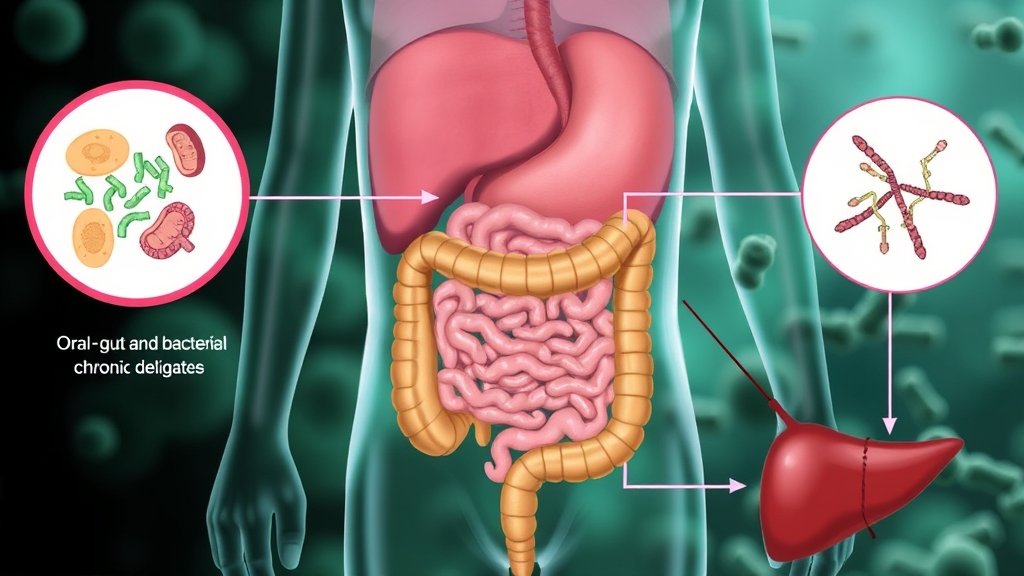 A detailed illustration showing the relationship between oral-gut bacterial transport and chronic liver disease, with a human digestive system and bacteria in the background
