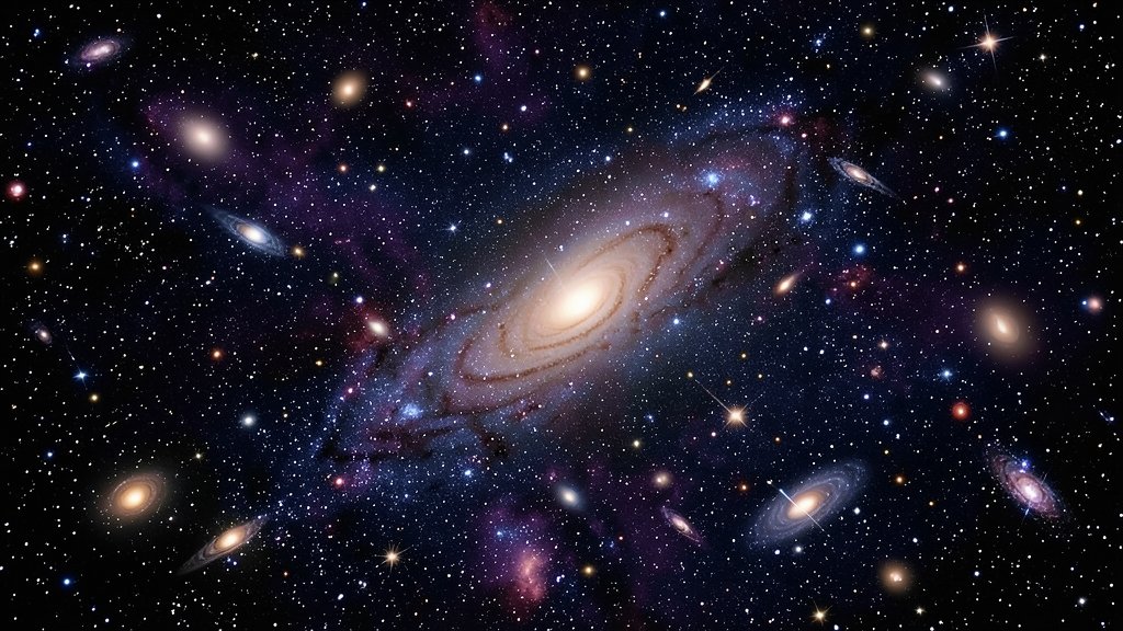 An illustration of the universe expanding over 6 billion years, with galaxies and stars moving away from each other, and a subtle representation of dark energy in the background.