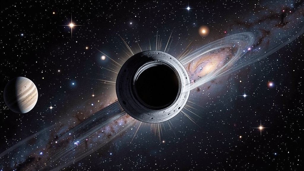 A stunning illustration of a runaway black hole moving through the vast expanse of space, with stars and galaxies in the background, and a hint of a nearby planet or moon being affected by its gravitational pull.