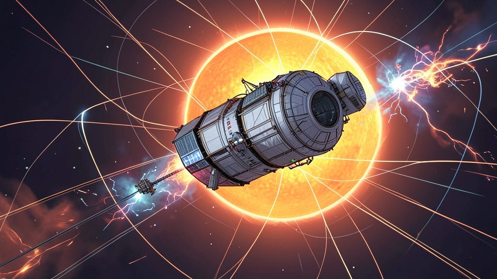 A detailed illustration of the Solar Orbiter spacecraft approaching the Sun, with magnetic field lines and solar flares visible in the background.