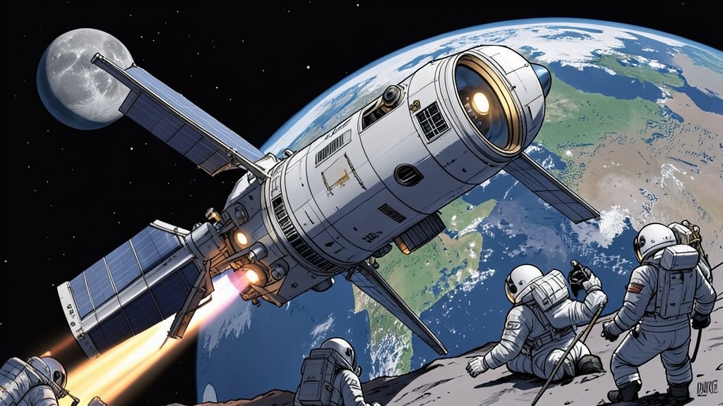 An illustration of the Artemis II spacecraft approaching the Moon, with the Earth in the background, and astronauts in their spacesuits preparing for lunar landing
