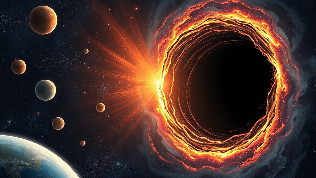 An illustration of a black hole escaping from a galaxy, with stars and planets in the background, conveying a sense of danger and mystery