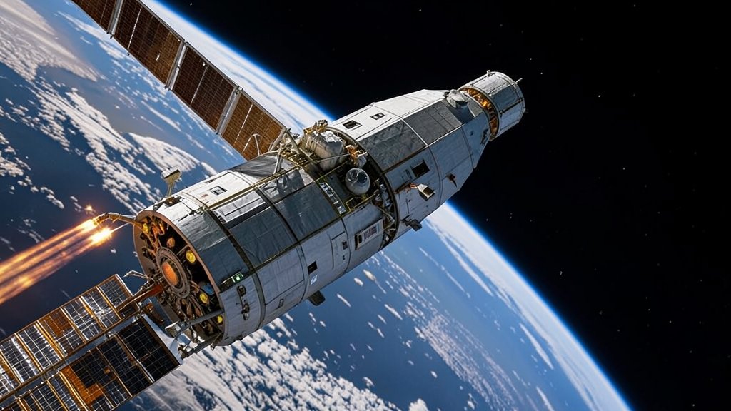 A high-resolution image of the SpaceX Dragon spacecraft approaching the International Space Station, with the Earth's curve visible in the background, highlighting the complexity of space exploration and the importance of orbital boosts.