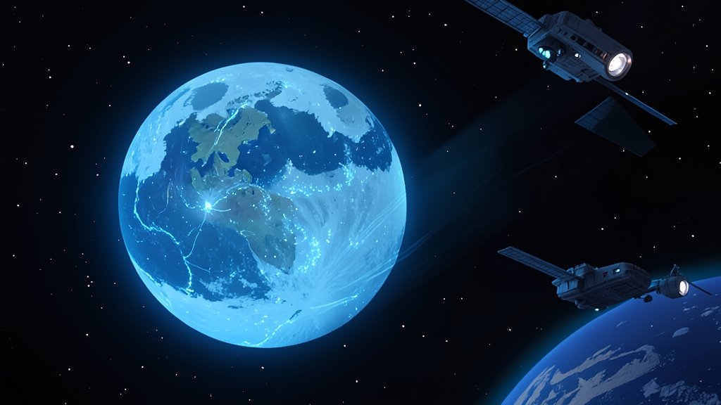 An illustration of the Moon with a blue glow representing water, and a spaceship in the background, with the Earth visible in the distance.