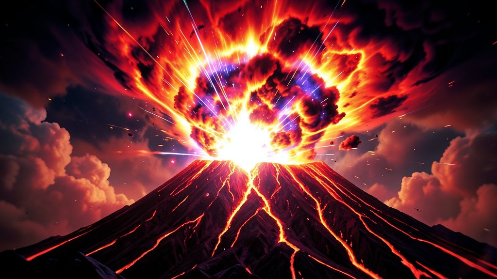 A dramatic illustration of a supermassive black hole erupting like a cosmic volcano, with bright colors and intense energy emanating from its core.
