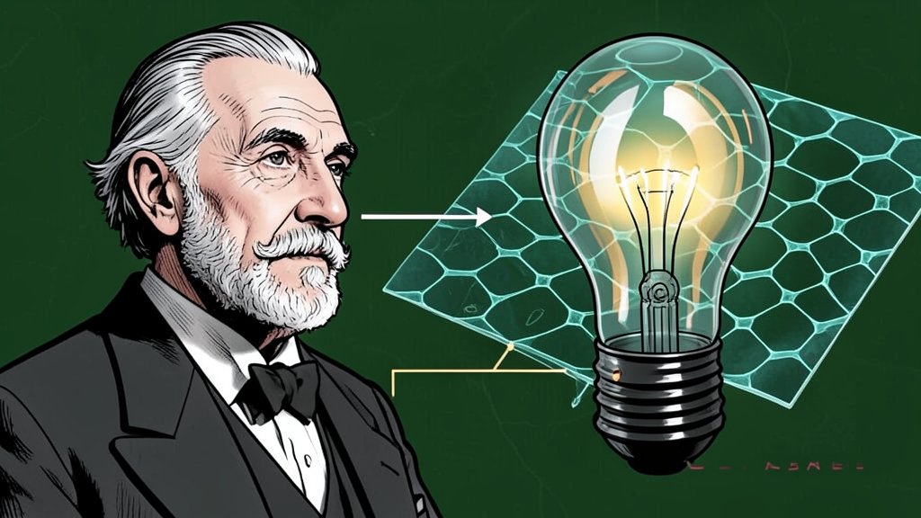 An illustration of Thomas Edison's 1879 light bulb experiment with a graphene sheet in the background, highlighting the connection between the two.