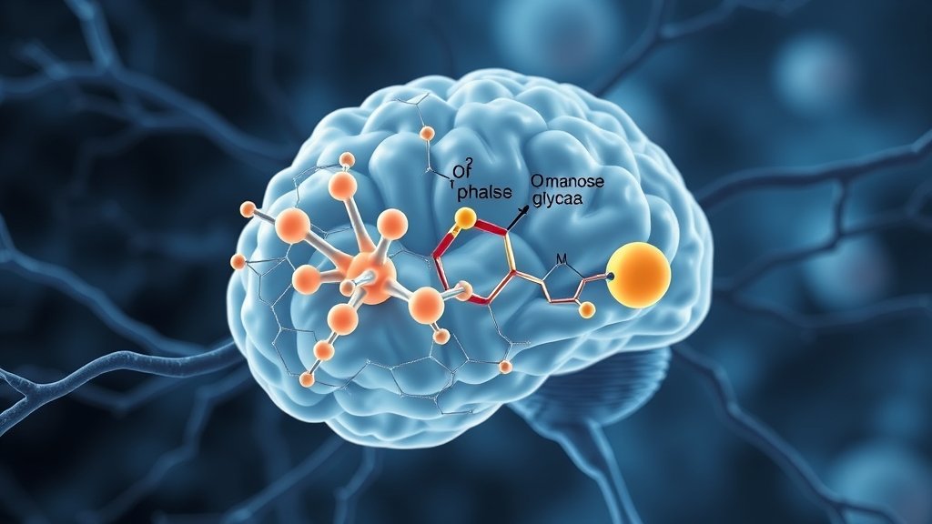 An illustration of a brain cell with O-mannose glycans and an enzyme driving their branching and extension, with a subtle background of neural connections.