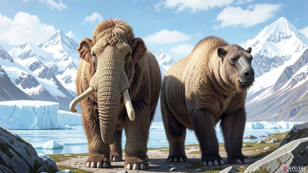 A realistic illustration of a woolly mammoth and a giant sloth standing together in a prehistoric landscape with icebergs and snow-covered mountains in the background.
