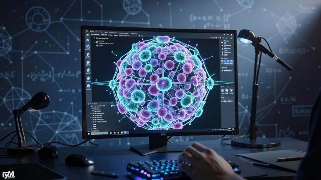 A futuristic illustration of a 3D atomistic system being modeled by a computer, with a subtle background of quantum circuits and equations