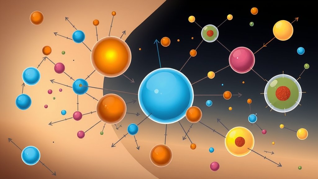 An illustration of various elementary particles interacting with each other in a complex process, with arrows and lines representing their movements and relationships.