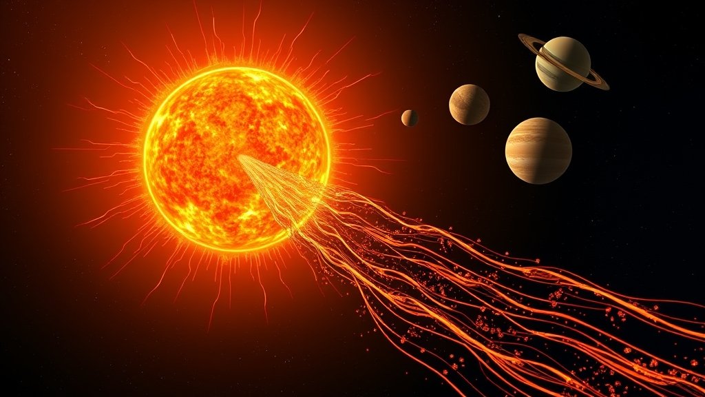 An illustration of the sun with solar wind particles flowing out of it, with the planets of the solar system in the background, showcasing the impact of solar wind on the solar system.