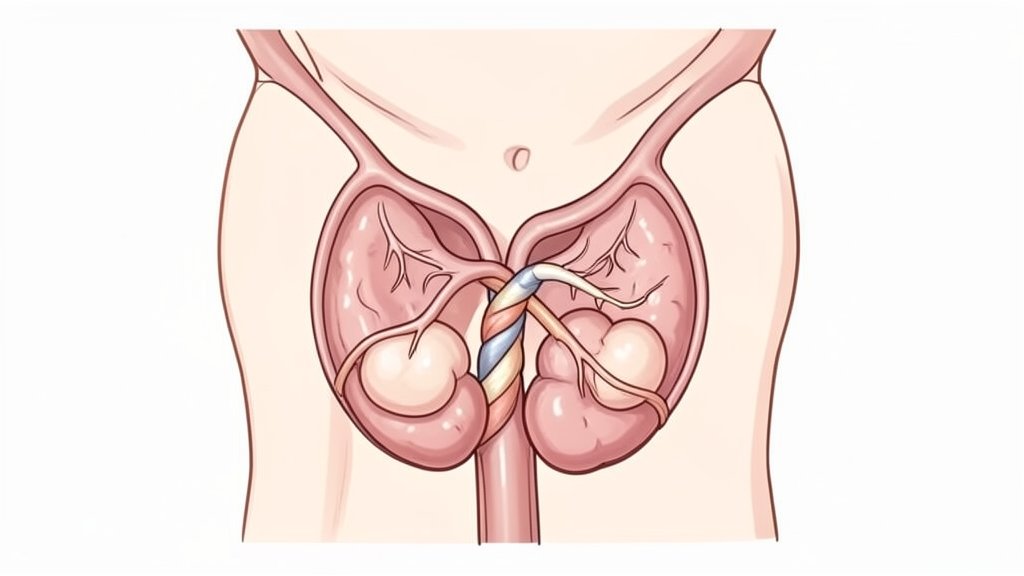 A detailed illustration of the human male reproductive system with a focus on the testicles and the spermatic cord, highlighting the twisting that occurs in testicular torsion, in a calm and educational style.