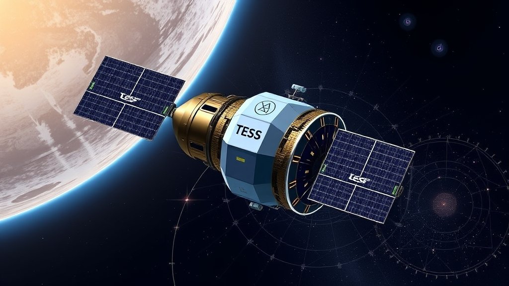 A detailed illustration of the TESS spacecraft in space, with a planet in the background and a subtle grid of stars and galaxies.