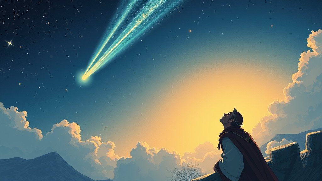 An illustration of Halley's Comet in the sky, with a medieval monk in the foreground, looking up at the comet with a sense of wonder and discovery.