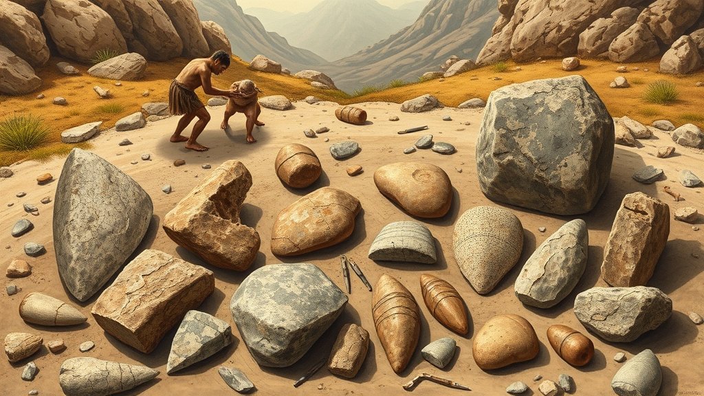 A detailed illustration of ancient stone tools discovered in China, with a background of a prehistoric landscape, including early hominins using these tools for various activities.