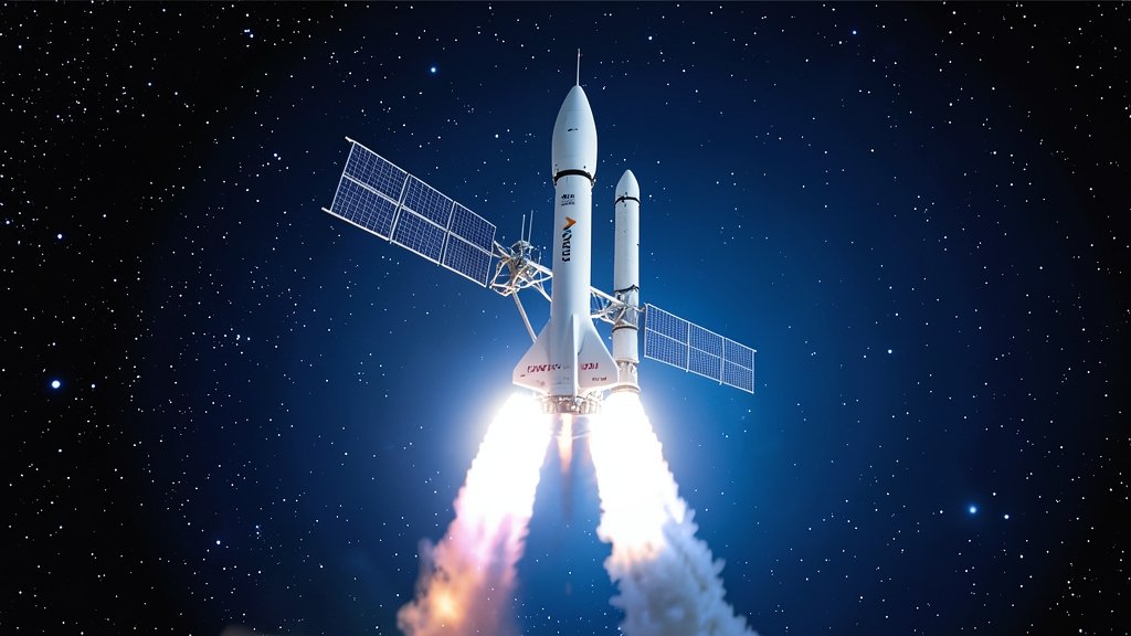 A high-resolution image of a SpaceX rocket launching a GPS satellite into orbit, with a blue and black background representing space.