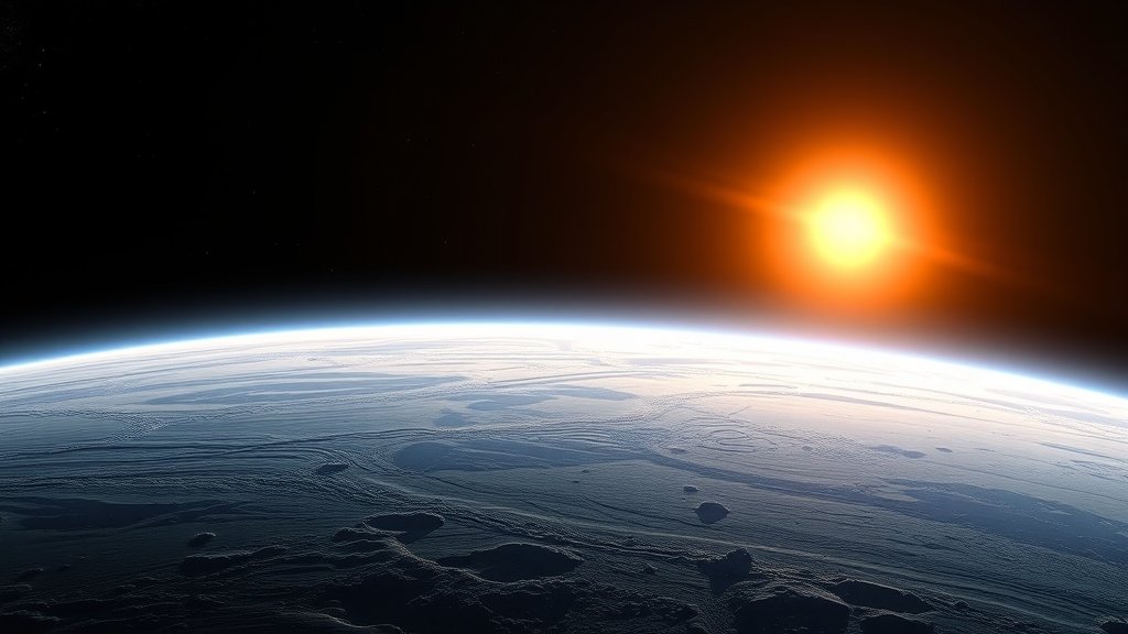 An illustration of an Earth-sized exoplanet on the edge of its star's habitable zone, with a faint glow of light in the distance, and a subtle hint of icy terrain on the planet's surface.