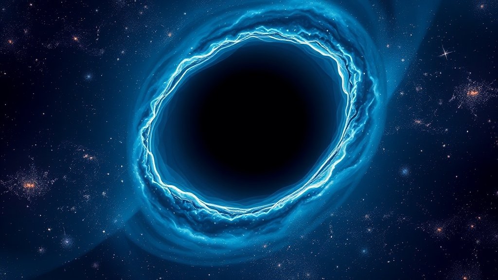An illustration of a black hole in space with stars and galaxies in the background, conveying a sense of vastness and mystery