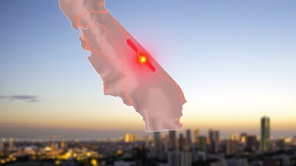 A map of California with visible and hidden fault lines, with a red glow indicating seismic activity, and a subtle background of a cityscape to represent the human impact of earthquakes